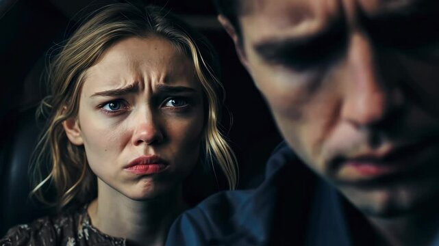 Tension fills the air as two individuals share a charged moment inside a car, their expressions revealing deep conflict and unresolved emotions