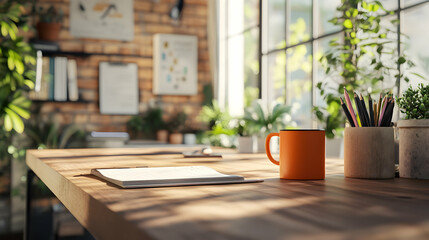 Home office study desk with essential stationery, coffee mug, and a cozy vibe for focused work.