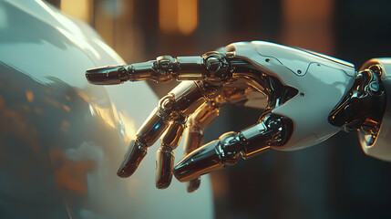 Human hand gently touching a robot's metallic finger, symbolizing AI-human collaboration,