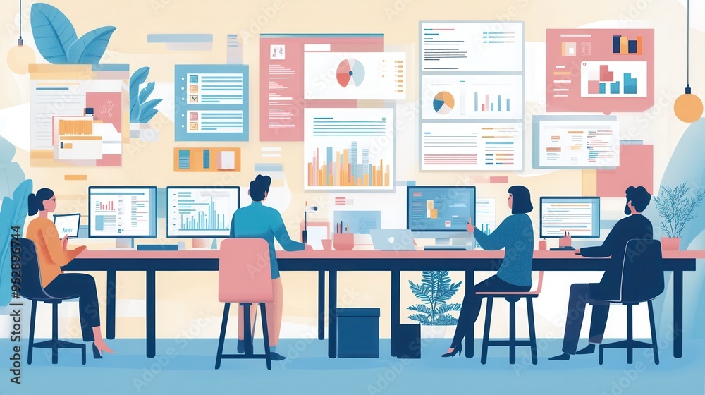 Poster A collaborative workspace where diverse individuals engage with computer displays showing various data analytics and charts. Generative AI