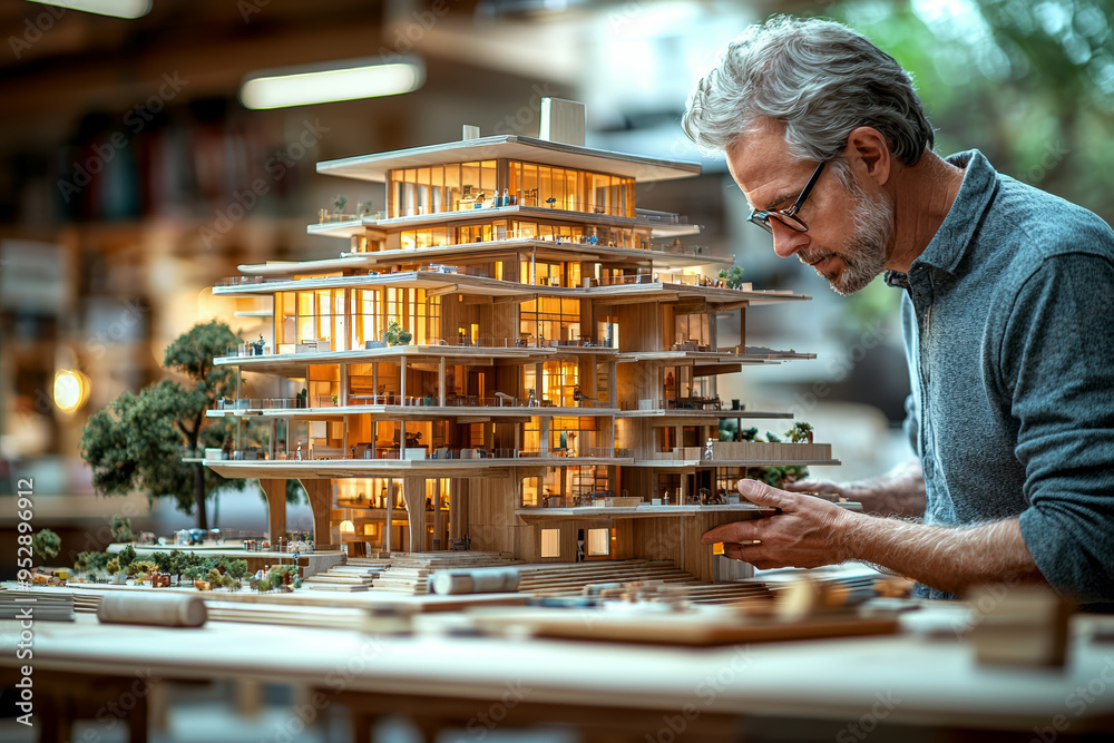 Poster an architect using unconventional materials to build a model of a new structure, showcasing innovati