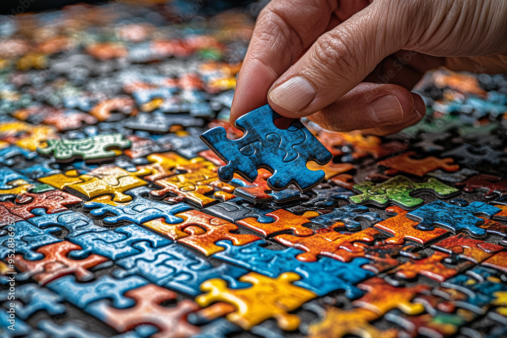 Wall mural An artist arranging mismatched jigsaw puzzle pieces to form a coherent image, representing unconventional thinking and persistence. Concept of artistic problem-solving and creativity.