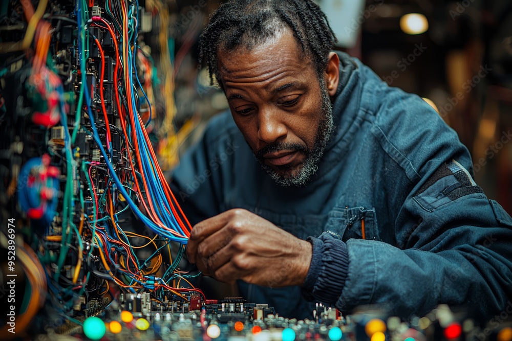 Poster a technician adjusting a maze of colorful wires to fix a complex circuit, illustrating inventive tec