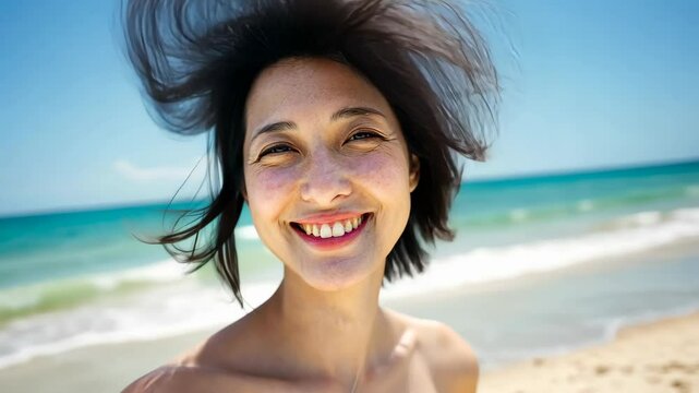 A carefree young woman smiles brightly at the beach, her hair dancing in the sea breeze. The sun shines down, and the waves gently lap at the shore, creating an idyllic summer atmosphere