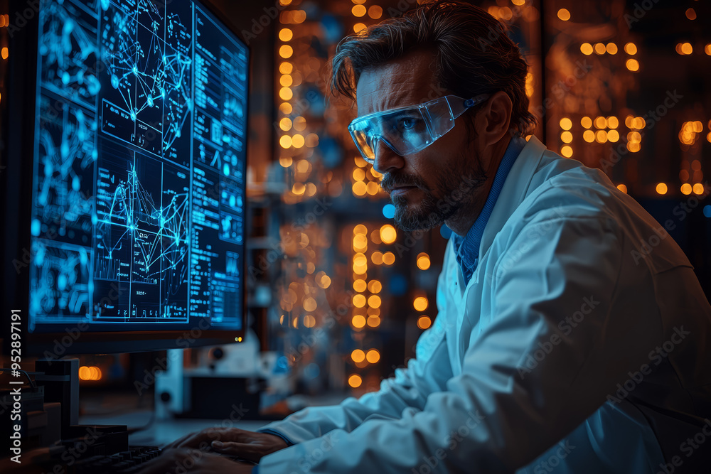 Poster a scientist analyzing data on a high-tech computer, with intricate graphs and equations displayed. c