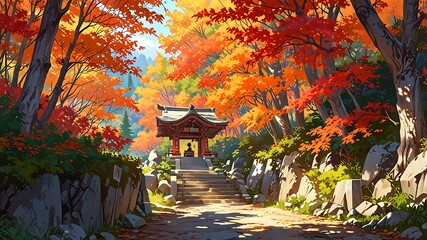 秋の鳥居を抜ける山道