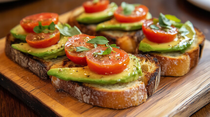 Slices of toasted bread topped with avocado slices, cherry tomato halves, and small green garnish leaves, served on a wooden platter