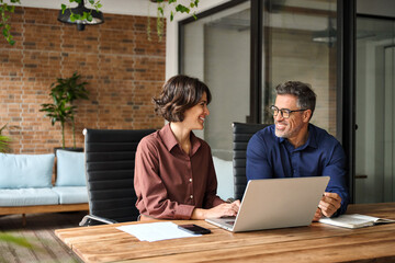 Two happy busy professional executives team business people working together on laptop computer in...