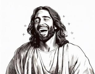 Obraz premium Jesus Smiling and Giggling Lighthearted Depiction of Joy and Laughter in Religious Art