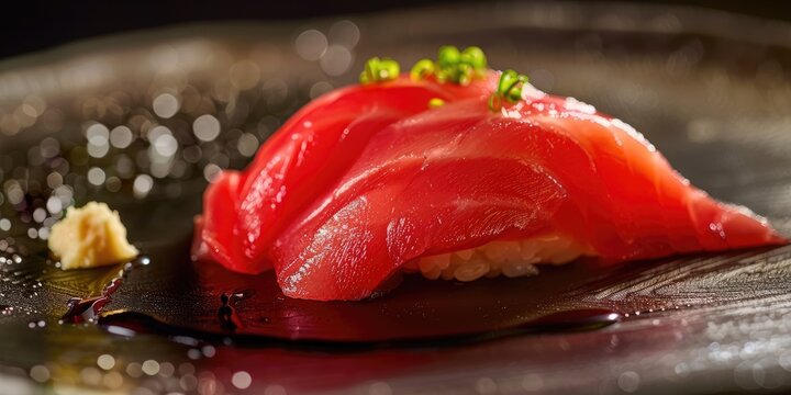 Close up of Japanese sashimi seafood fish chu toro fatty tuna sushi on a plate