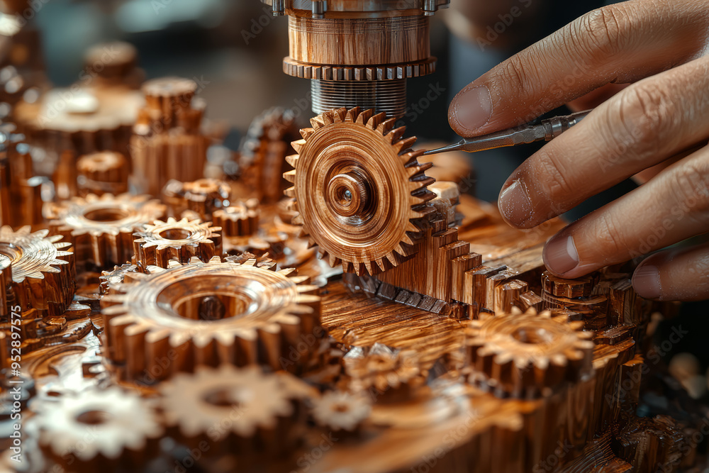 Poster a person using a set of unique wooden gears to create a functional machine, demonstrating inventive 