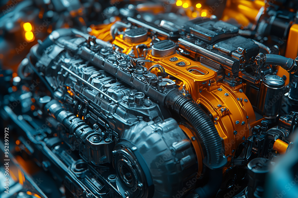 Poster a mechanic solving a complex engine issue using non-traditional tools and techniques, showcasing inv