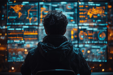 A data scientist interpreting large datasets with sophisticated algorithms and visualizations. Concept of data analysis and pattern recognition.