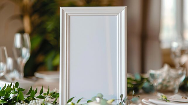 Elegant Blank Picture Frame with Foliage on a Decorated Dining Table in Bright Room