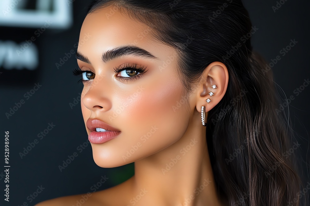 Poster Ear piercing with an asymmetrical design, captured in a photo where one ear is decorated with a single long earring, while the other ear features multiple small studs, creating an edgy, asymmetrical