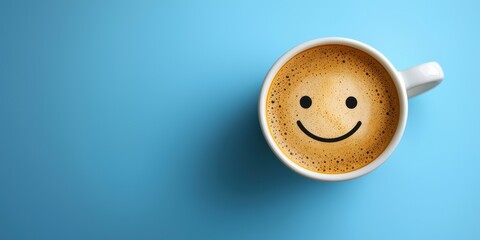 A coffee cup with a smiley face on a blue background embodies the concept of a happy morning