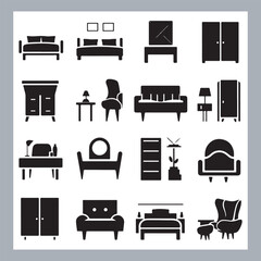 Set of house furniture silhouette Chair, sofa, table, bed, dresser, wardrobe, bookshelf, dining table, armchair, desk, cabinet vector in white background