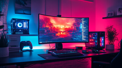 Naklejka premium A computer gaming setup with a large monitor, keyboard, and mouse