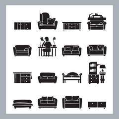 Set of house furniture silhouette Chair, sofa, table, bed, dresser, wardrobe, bookshelf, dining table, armchair, desk, cabinet vector in white background