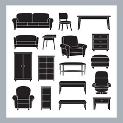 Set of house furniture silhouette Chair, sofa, table, bed, dresser, wardrobe, bookshelf, dining table, armchair, desk, cabinet vector in white background