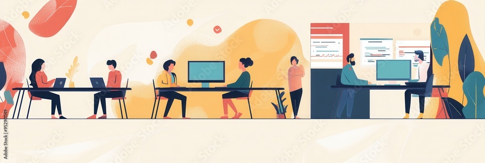 Poster a diverse group of individuals work together at desks in a bright office space, focused on their com