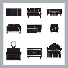 Set of house furniture silhouette Chair, sofa, table, bed, dresser, wardrobe, bookshelf, dining table, armchair, desk, cabinet vector in white background