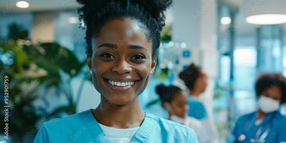 Wall mural Nurse with arms crossed in a bustling hospital, showcasing a confident, happy expression, embodying support and care in the medical field