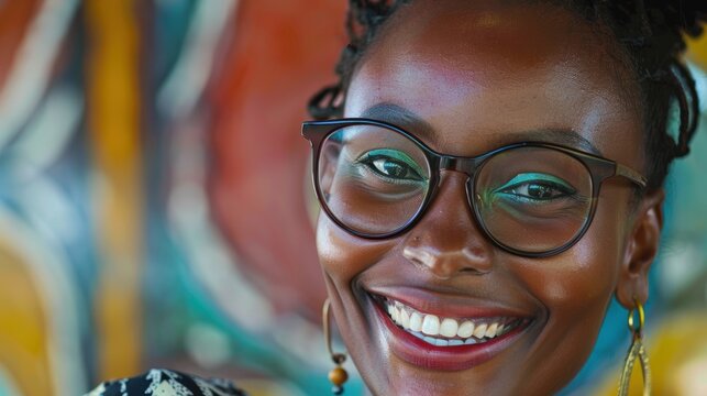 Consultation and eye care featuring a joyful woman in glasses with a doctor, highlighting support and services related to vision