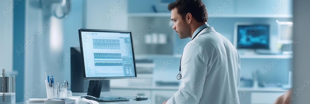Poster a doctor in a white lab coat attentively examines a patient using a stethoscope in a bright, clean c