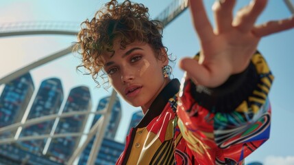 Outdoor fashion and street style featuring a woman on a rooftop embracing adventure and freedom in designer clothing