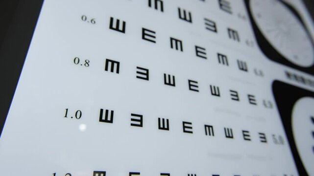 A close-up of an illuminated eye chart with rows of letters in different sizes to measure visual acuity, assessing and monitoring eyesight.