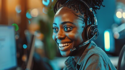 Telemarketing consultant with a smile, providing customer service over the phone or internet, wearing headphones while assisting clients