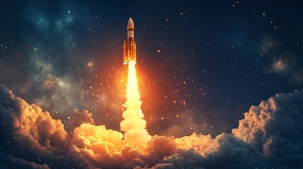 Fototapeta premium Rocket Launch Through Clouds and Stars