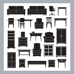 Set of house furniture silhouette Chair, sofa, table, bed, dresser, wardrobe, bookshelf, dining table, armchair, desk, cabinet vector in white background