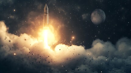 Fototapeta premium Rocket Launching Through Clouds with a Moon in the Distance