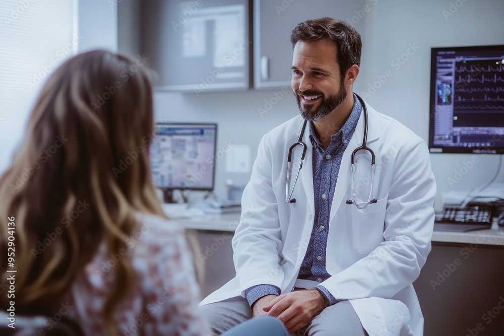 Poster a doctor dressed in a white lab coat is using a stethoscope to examine a patient with care in a mode