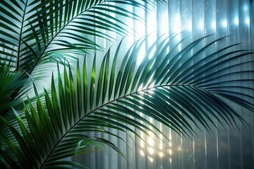 Green palm with reeded glass. Blurred luxury banner for summer presentation. Ribbed Background. White Reeded Glass. Abstract illustration on clean panel for modern beauty design. Plant leaves.