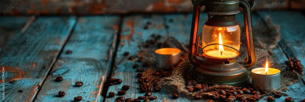 Sticker Rustic lantern illuminating candlelight alongside roasted coffee beans