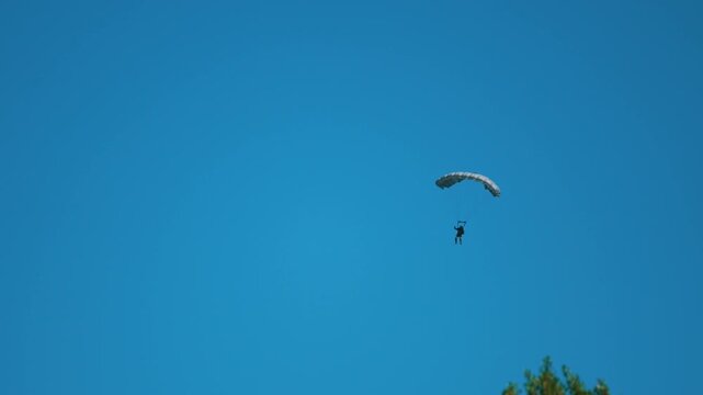 Parachutist flying with parachute in the sky. Patriotism Concept. Military Concept. High quality 4k footage
