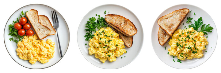 Scrambled Eggs with Toast on Plate Isolated on Transparent Background
