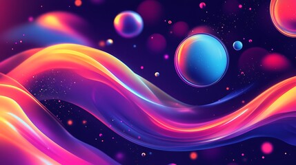 Abstract Background with Glowing Curves and Floating Spheres