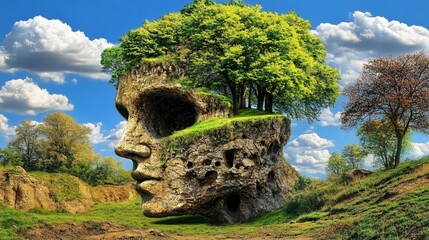 Nature's Thoughts: A stone giant, sculpted by time, contemplates the landscape, a verdant forest sprouting from its mind, merging nature and consciousness in a surreal dreamscape. 