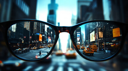 Perspective through glasses showing sharp clear vision of urban and natural scenes with blurred surroundings, emphasizing clarity contrast and reflections in lenses
