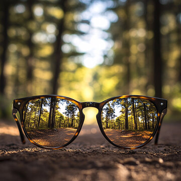 Perspective through glasses showing sharp clear vision of urban and natural scenes with blurred surroundings, emphasizing clarity contrast and reflections in lenses