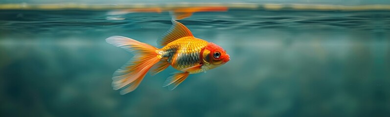 Goldfish swimming in the water with a fish hook, animal background, banner, copy space