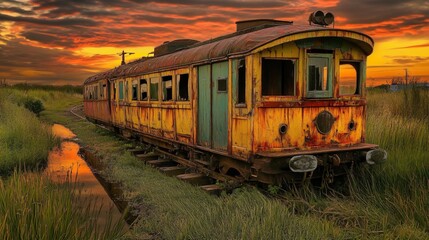 Fototapeta premium Rusty Rails at Sunset: A weathered, abandoned train carriage stands solitary against a fiery sunset, its rusted exterior reflecting the fading light. The scene evokes a sense of forgotten journeys and