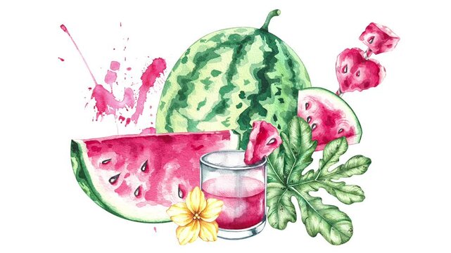 Watercolor hand-drawn watermelon. Watermelon, drink, plants, fruits on white background. Gradually appear hand-drawn. Food illustration for design videos, holidays, banners. Watermelon is approaching