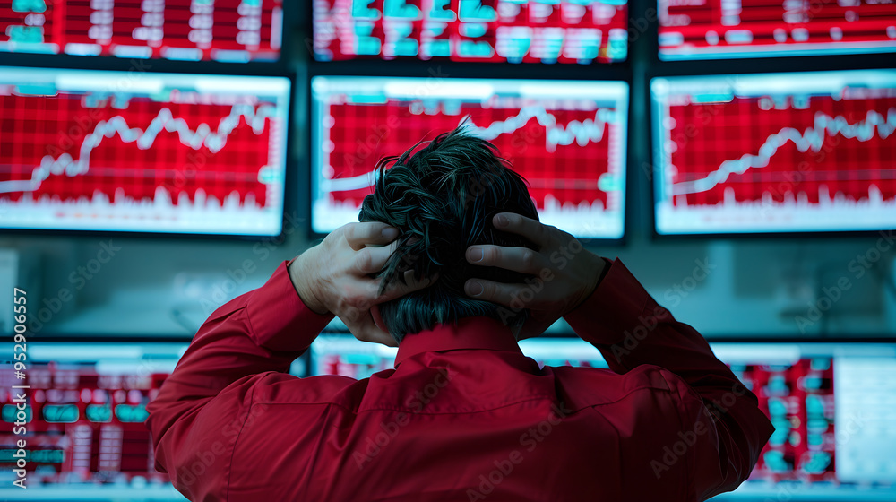 Aufkleber Stressed Investor Looking at Multiple Screens Displaying Stock Market Data | Financial Uncertainty and Market Volatility