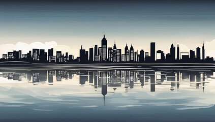 Obraz premium colorful abstract skyline modern cityscape skyscapers waterfront reflection orange teal green room for copu