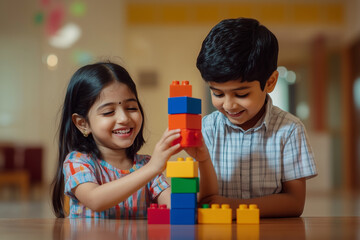 Two Asian Indian children, a girl and a boy, happily playing together while building a tower with colorful blocks in a well-lit room
